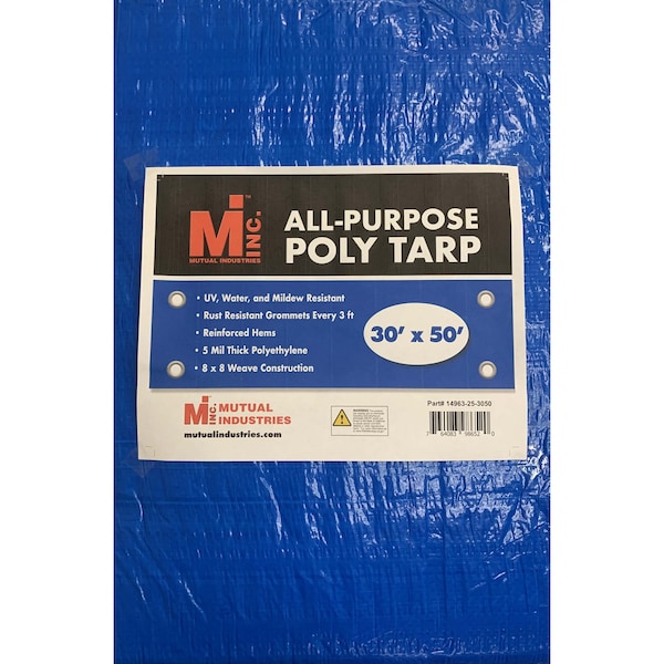 Tarp, 30 ft x 50 ft, 5 Mil, Blue, UV Resistant, Mildew Resistant